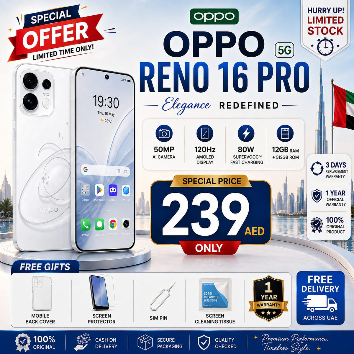 OPPO Reno 16 Pro 5G – 12GB RAM + 512GB ROM | 50MP AI Camera | 120Hz AMOLED Display