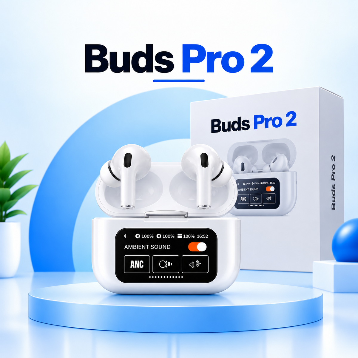 Buds Pro 2 Wireless Earbuds with Smart Touch Display – ANC/ENC Noise Reduction & Hi-Fi Sound