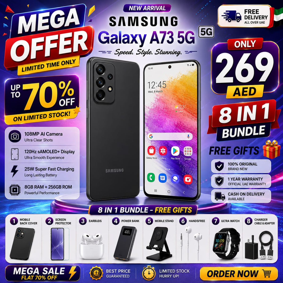 Samsung Galaxy A73 5G – 8GB RAM + 256GB ROM | 108MP Camera | 120Hz sAMOLED+ | 8-in-1 Bundle