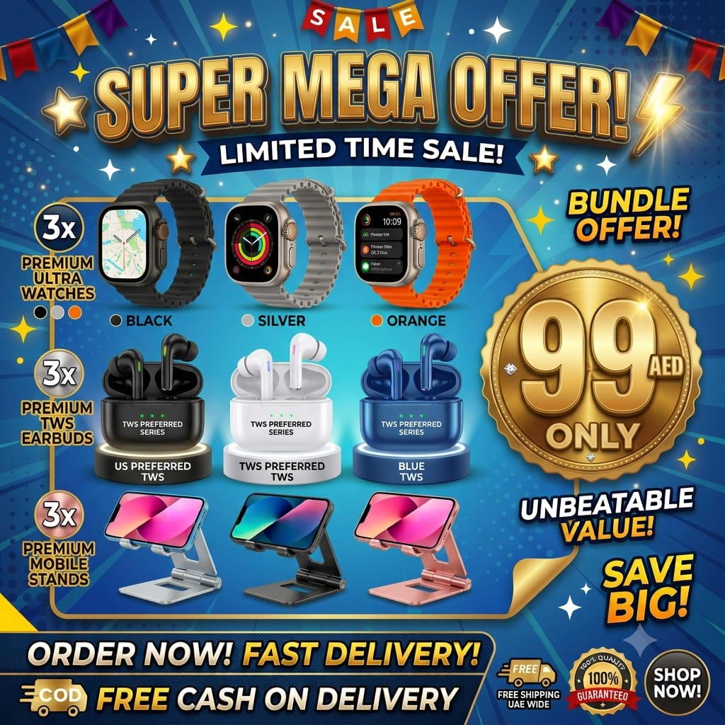 3-in-1 Premium Tech Bundle – Ultra Smart Watch + TWS Wireless Earbuds + Foldable Mobile Stand