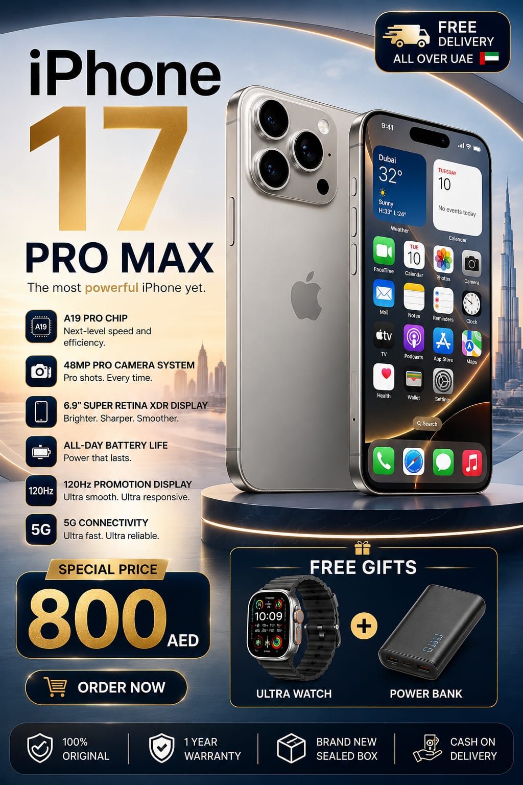 iPhone 17 Pro Max – A19 Pro Chip | 48MP Pro Camera | 6.9″ Super Retina XDR Display + Free Ultra Watch & Power Bank
